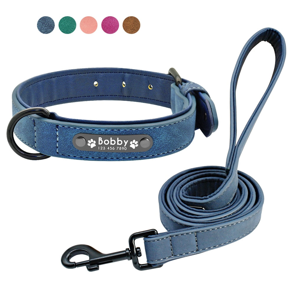 Custom Dog Collars Leather Personalized Pet Dog Tag Collar Leash Lead