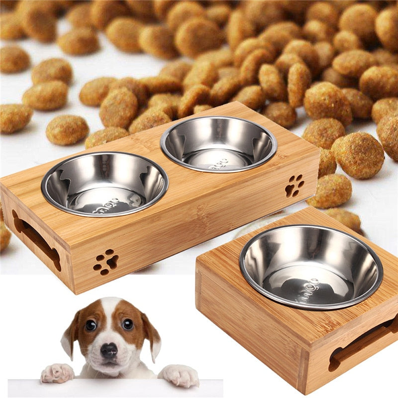 Stainless Steel Bamboo Rack Dog and Cat Bowls