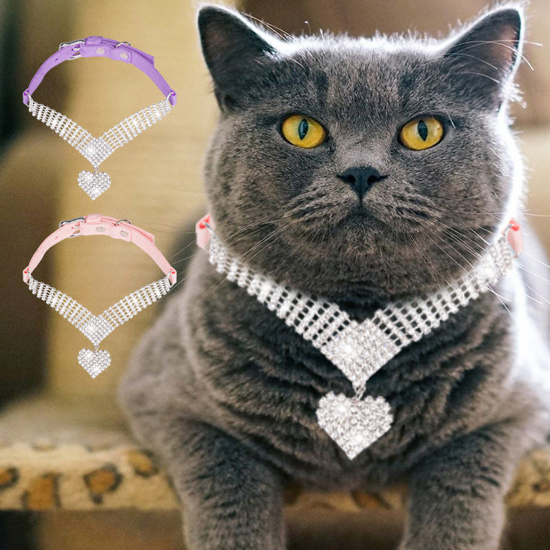 Shiny Rhinestone Pet Suede Soft Love Love Diamond Cat Collar