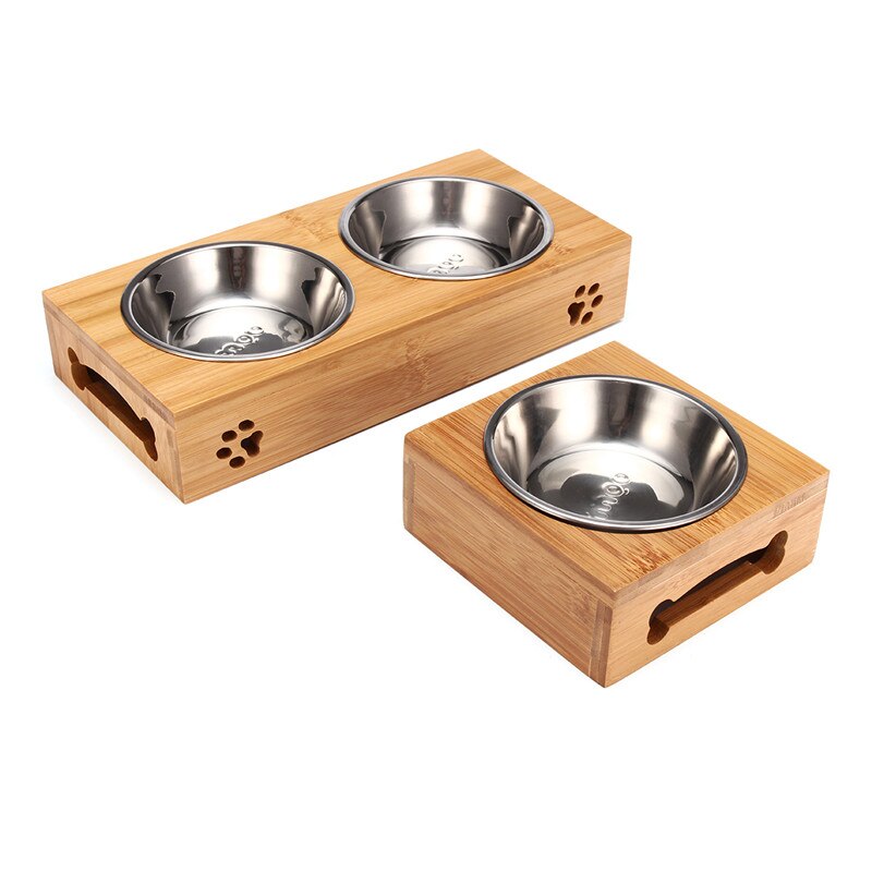 Stainless Steel Bamboo Rack Dog and Cat Bowls