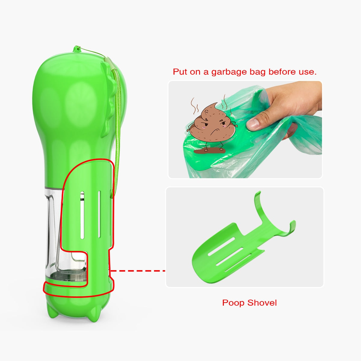 Portable Pet Cat Dog Water Bottle With Poop Shovel Plastic Bags